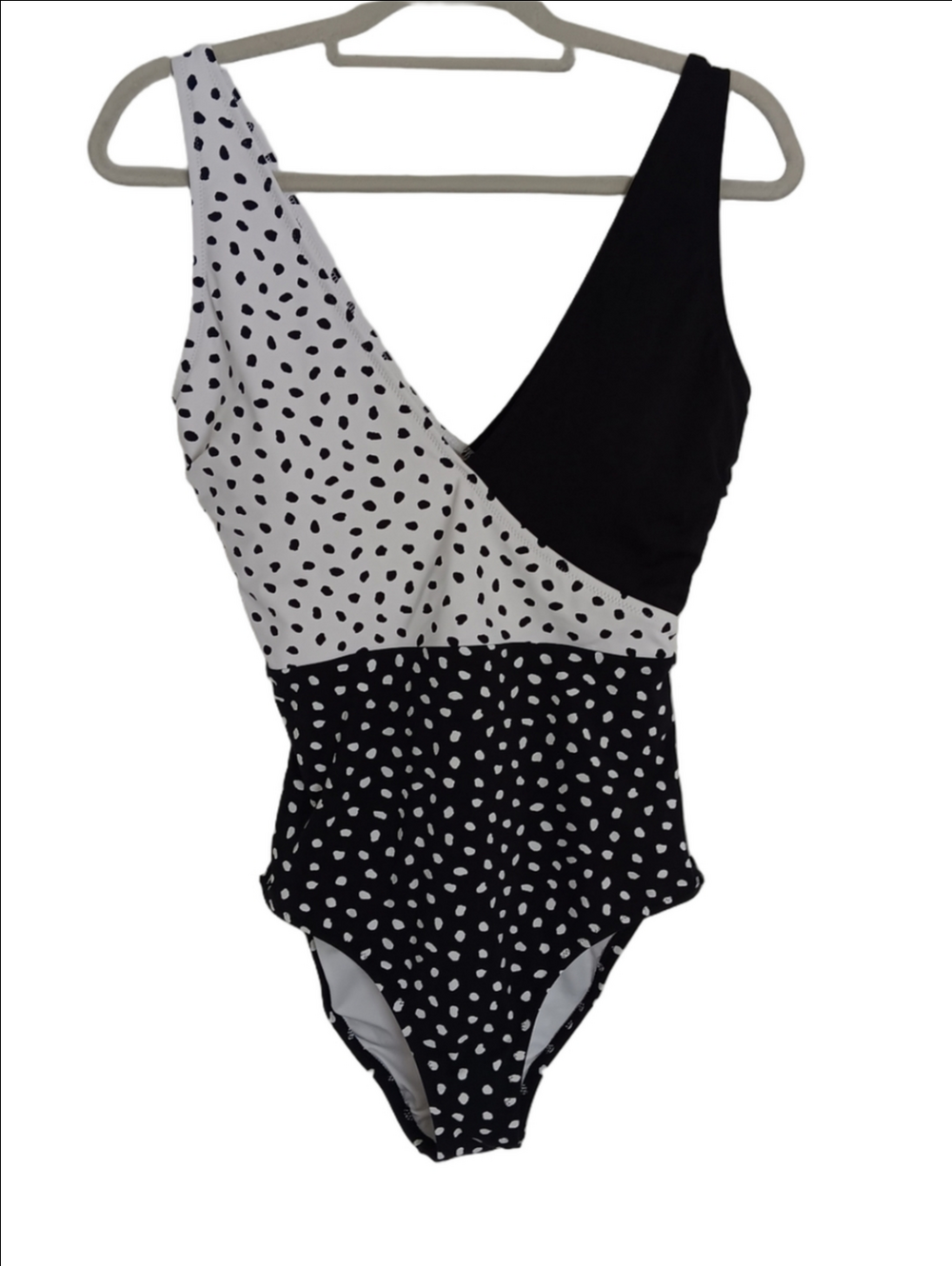Lands' End Black & White Polka Dot Mix Pattern One-Piece Swimsuit V Front & Back